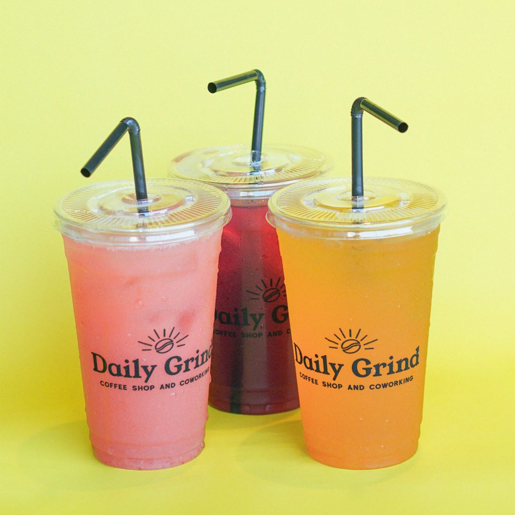 Strawberry Banana, Blueberry Pomegranate, and Peach Fruit Juice from Daily Grind Coffee Shop